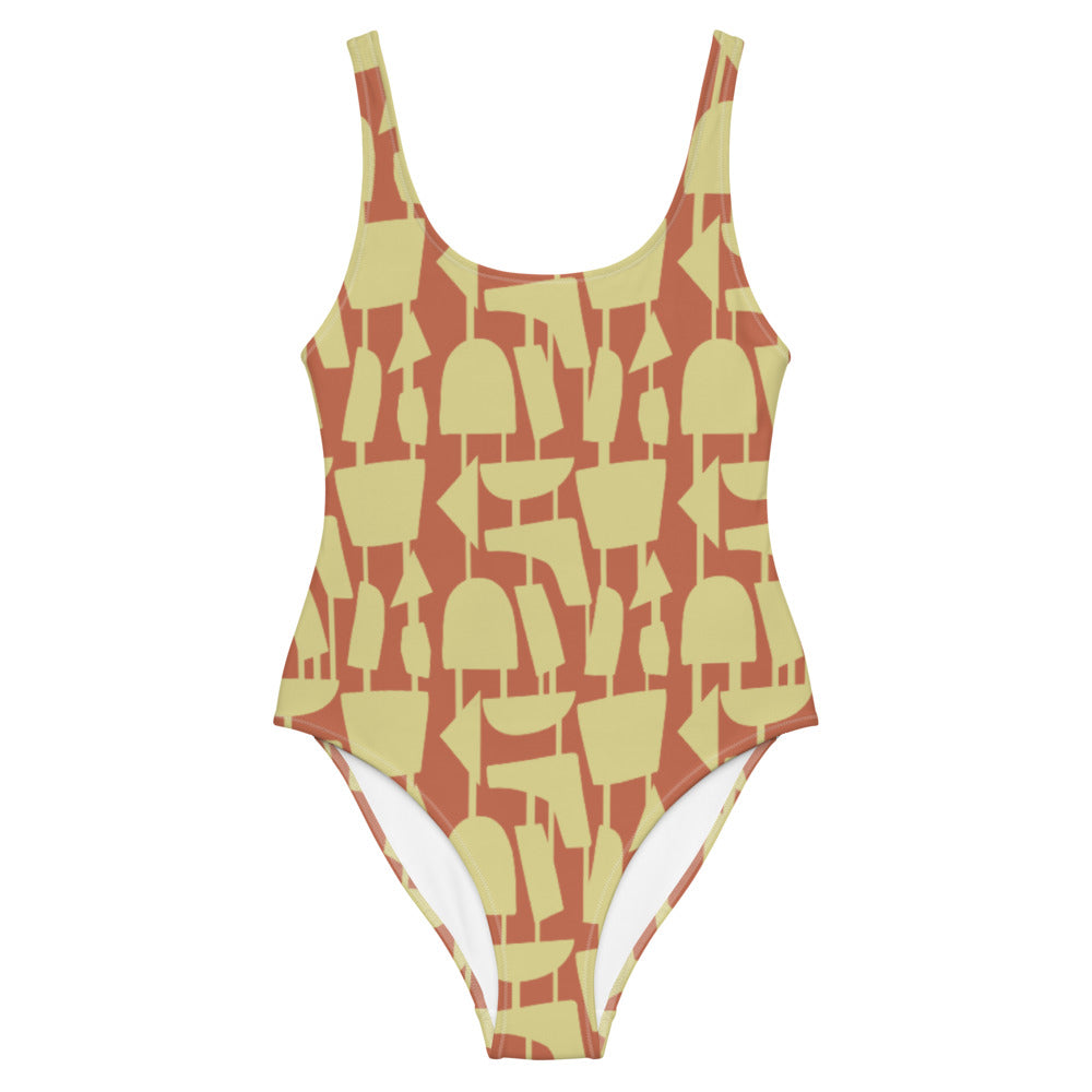 This cheeky, stylish and comfortable, abstract design patterned swimsuit is entitled Forever Connected and consists of a cream, abstract shapes, connected by vertical lines, against an orange background