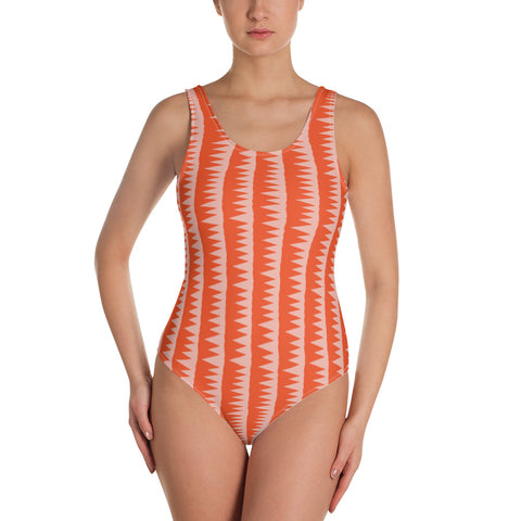 Vintage style zigzag pattern swimsuit for women in orange and pink