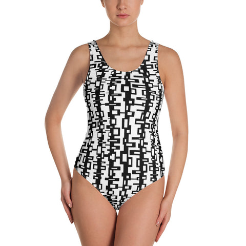 black and white geometric patterned swimsuit for women by BillingtonPix