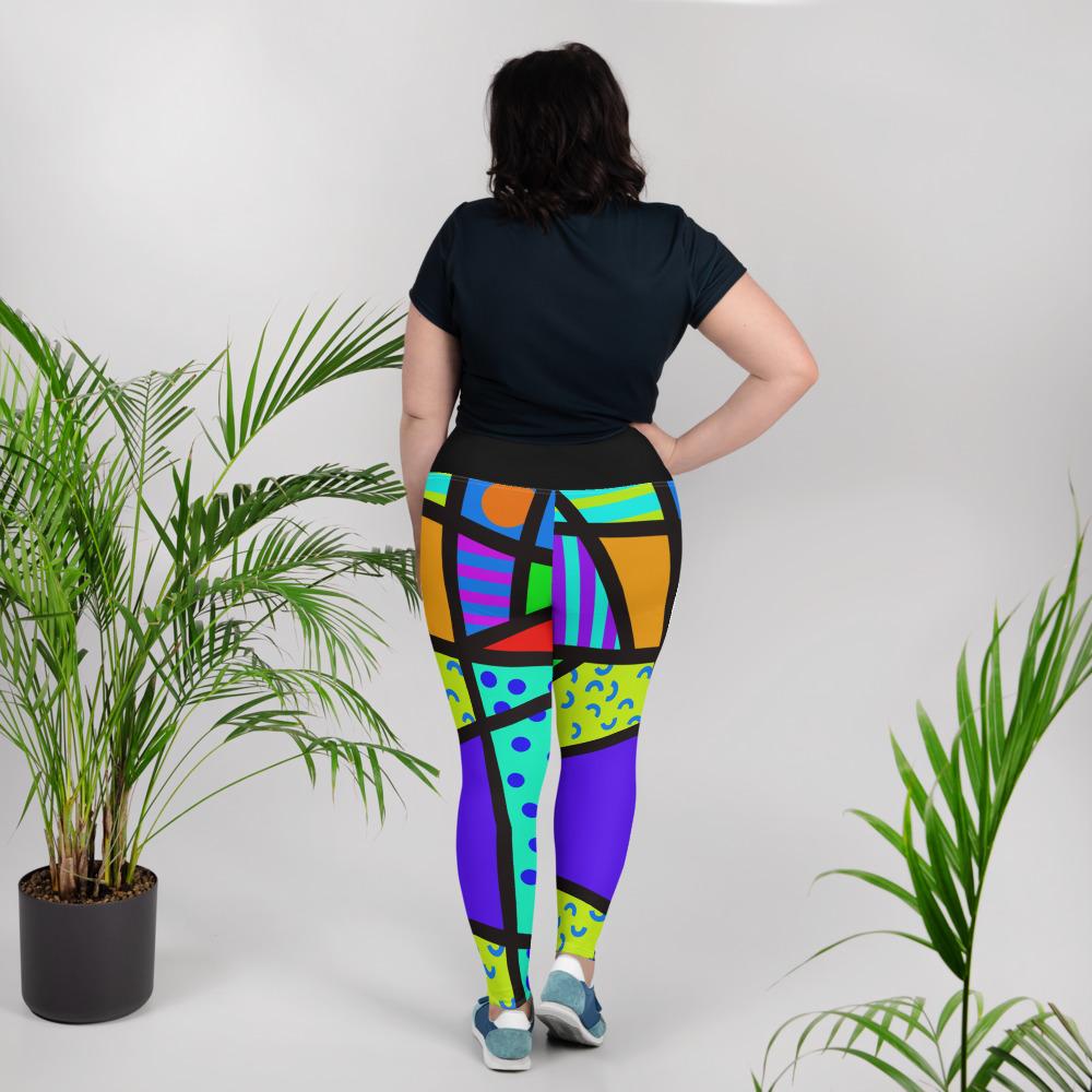 Geometric patterned plus size all-over-print Women's 80s Memphis design leggings or running tights by BillingtonPix, with bold colours and shapes, stripes, circles and swirls and high elastic waistband for comfort and support