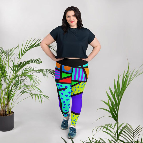 Geometric patterned plus size all-over-print Women's 80s Memphis design leggings or running tights by BillingtonPix, with bold colours and shapes, stripes, circles and swirls and high elastic waistband for comfort and support