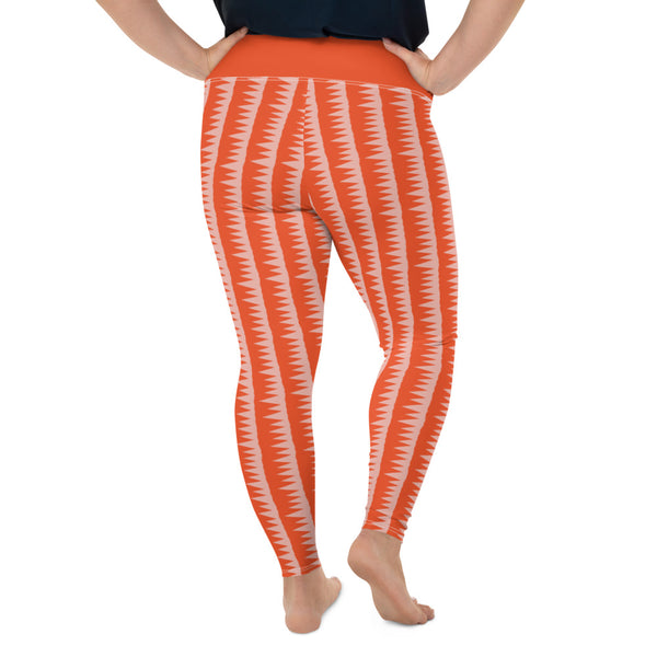 This Mid-Century Modern style plus size leggings pattern consists of colorful pink jagged columns of geometric triangular shapes stacked upon each other like columns against an orange red background