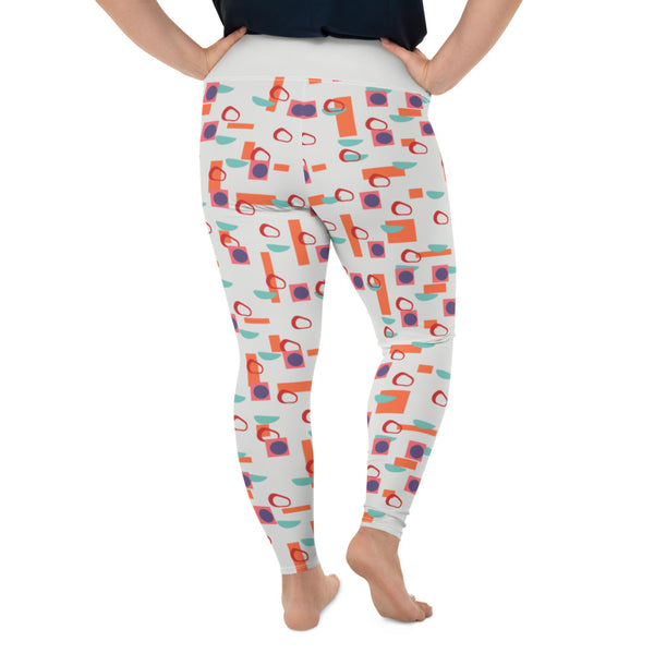 The vintage mid century modern style graphic design printed onto thes plus size leggings consists of colourful geometric blocks in orange, turquoise, red and purple against a soft stone coloured background