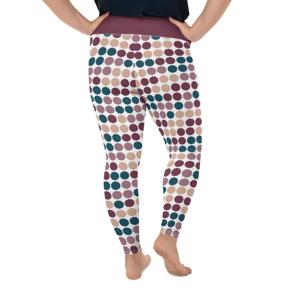 These cheeky, stylish and comfortable, abstract design mid century modern patterned plus size leggings are entitled White Dot Matrix and consist of a colorful, abstract polka dots against a white background. A burgundy coloured high waistband completes the look.