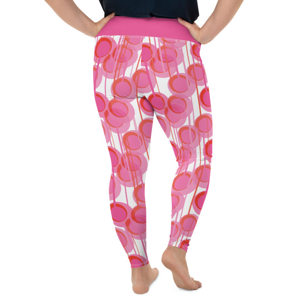 These vintage mid century modern style colourful leggings consists of pink concentric circles and connecting vertical lines against a white background. A deep pink coloured high waistband completes the look.
