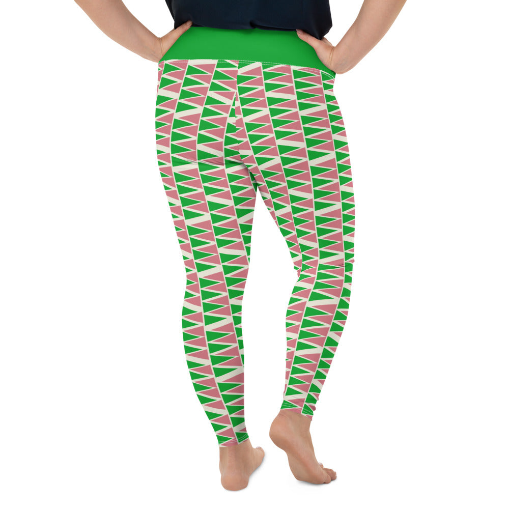 The vintage mid century modern style graphic design printed onto these colorful plus size leggings consists of a geometric triangular pattern in green and pink on a cream background. The bold green high waistband finishes off the look.