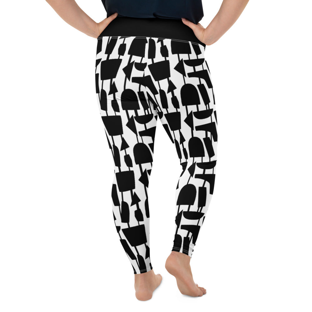 These cheeky, stylish and comfortable, abstract design patterned plus size leggings are entitled Forever Connected and consist of a mid century modern pattern of black abstract geometric shapes connected with vertical threads on a white background