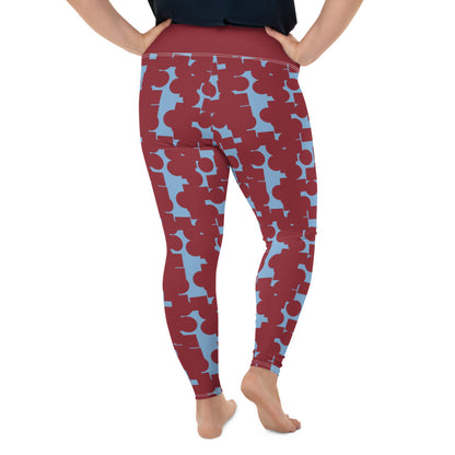 These patterned plus size mid century modern style leggings are from our Crowded Memories collection and consist of a vermilion red abstract geometric pattern against a cerulean blue background. A blue high waistband completes the look