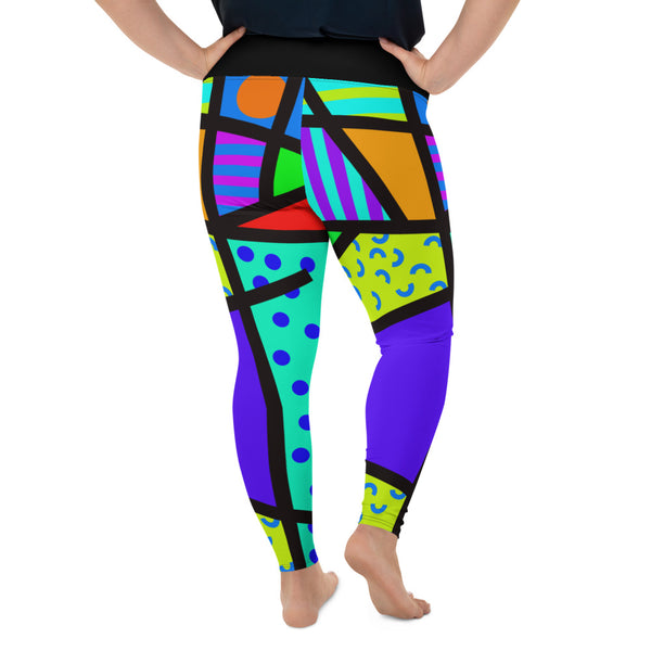 Geometric patterned plus size all-over-print Women's 80s Memphis design leggings or running tights by BillingtonPix, with bold colours and shapes, stripes, circles and swirls and high elastic waistband for comfort and support