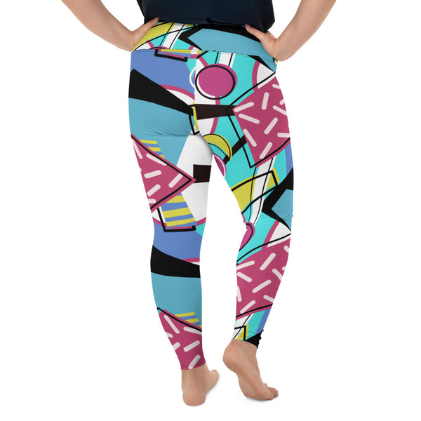 Funky 80s Memphis design women's plus size running tights, gym leggings or fashion leggings in a postmodern 1980s design in pink, taupe, black and yellow all-over pattern by BillingtonPix