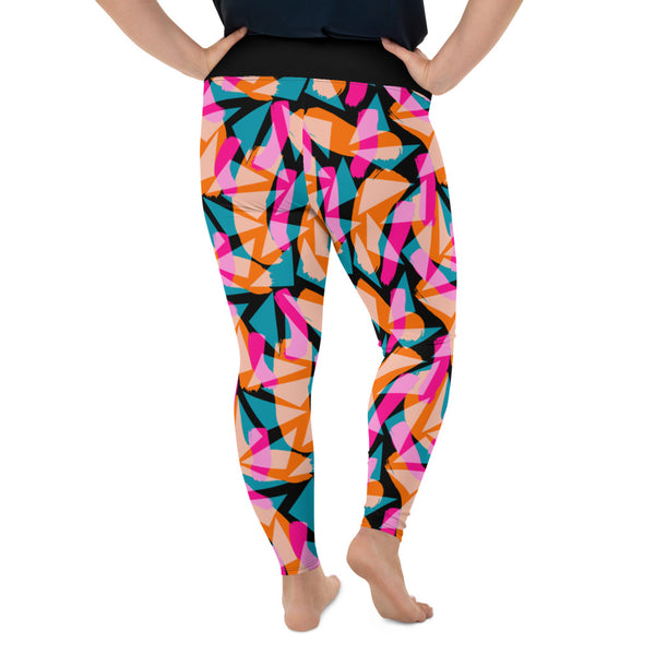Geometric patterned 90s Memphis design women's plus size gym leggings athleisure streetwear fashion in colorful tones of pink, turquoise green and orange against a black background on this Harajuku design plus size leggings for women by BillingtonPix