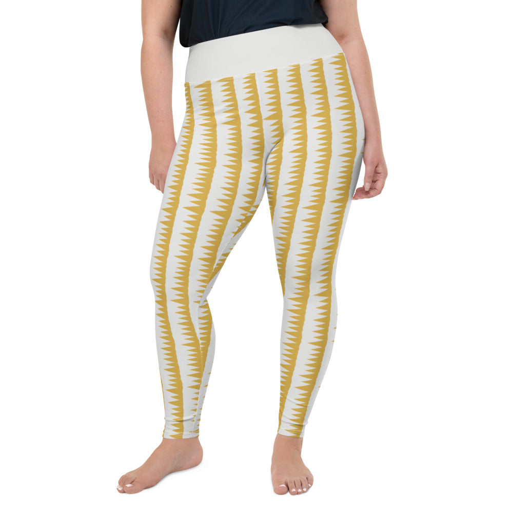 This Mid-Century Modern style plus size leggings pattern consists of colorful mustard yellow jagged columns of geometric triangular shapes stacked upon each other like columns against a pale cream background
