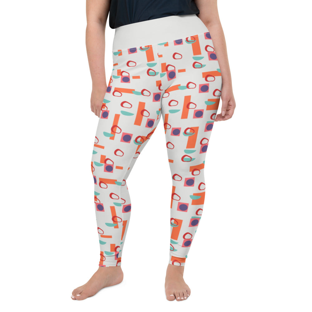 The vintage mid century modern style graphic design printed onto thes plus size leggings consists of colourful geometric blocks in orange, turquoise, red and purple against a soft stone coloured background