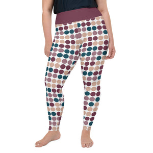 These cheeky, stylish and comfortable, abstract design mid century modern patterned plus size leggings are entitled White Dot Matrix and consist of a colorful, abstract polka dots against a white background. A burgundy coloured high waistband completes the look.