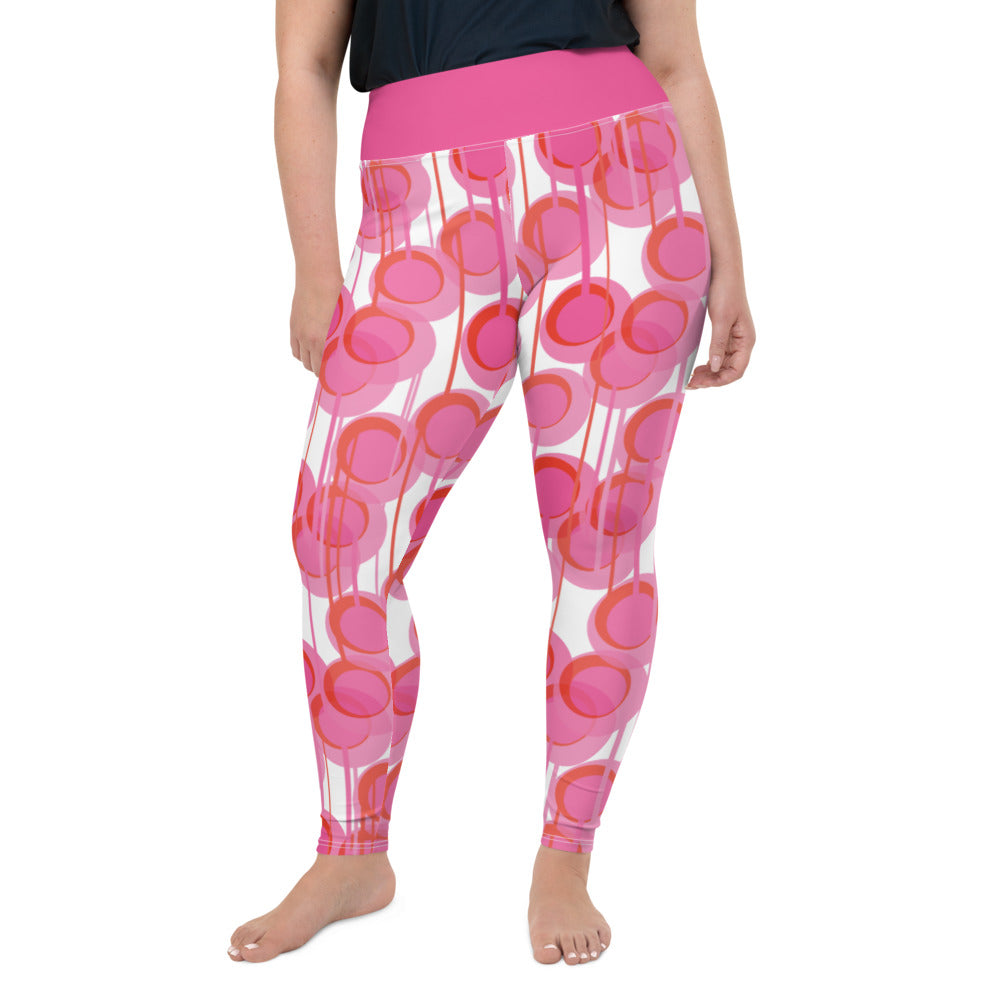 These vintage mid century modern style colourful leggings consists of pink concentric circles and connecting vertical lines against a white background. A deep pink coloured high waistband completes the look.