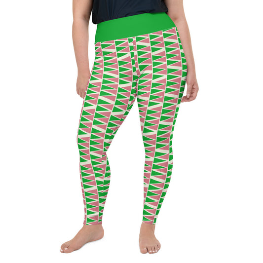 The vintage mid century modern style graphic design printed onto these colorful plus size leggings consists of a geometric triangular pattern in green and pink on a cream background. The bold green high waistband finishes off the look.