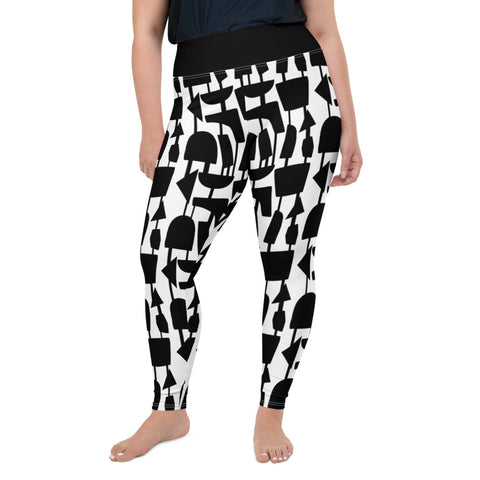 These cheeky, stylish and comfortable, abstract design patterned plus size leggings are entitled Forever Connected and consist of a mid century modern pattern of black abstract geometric shapes connected with vertical threads on a white background