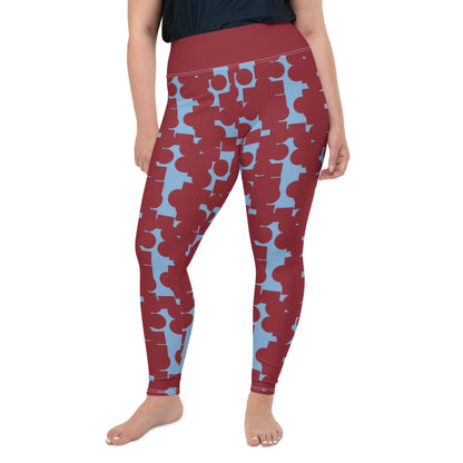 These patterned plus size mid century modern style leggings are from our Crowded Memories collection and consist of a vermilion red abstract geometric pattern against a cerulean blue background. A blue high waistband completes the look