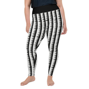 These Mid-Century Modern style plus size leggings pattern consists of black jagged columns of geometric triangular shapes stacked upon each other like columns against a pale cream background. A black high waistband completes the look.