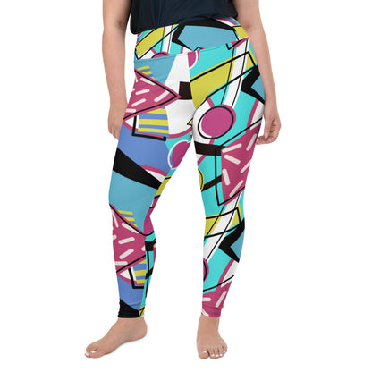 Funky 80s Memphis design women's plus size running tights, gym leggings or fashion leggings in a postmodern 1980s design in pink, taupe, black and yellow all-over pattern by BillingtonPix