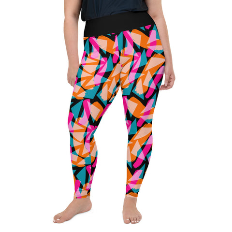 Geometric patterned 90s Memphis design women's plus size gym leggings athleisure streetwear fashion in colorful tones of pink, turquoise green and orange against a black background on this Harajuku design plus size leggings for women by BillingtonPix