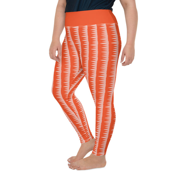 This Mid-Century Modern style plus size leggings pattern consists of colorful pink jagged columns of geometric triangular shapes stacked upon each other like columns against an orange red background