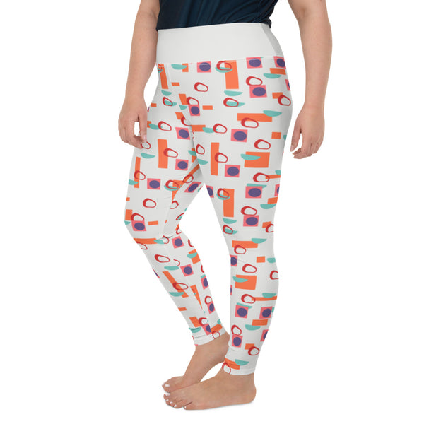 The vintage mid century modern style graphic design printed onto thes plus size leggings consists of colourful geometric blocks in orange, turquoise, red and purple against a soft stone coloured background