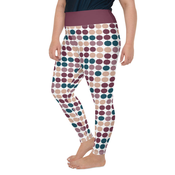 These cheeky, stylish and comfortable, abstract design mid century modern patterned plus size leggings are entitled White Dot Matrix and consist of a colorful, abstract polka dots against a white background. A burgundy coloured high waistband completes the look.