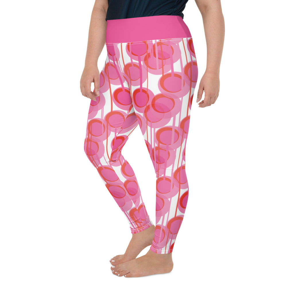 These vintage mid century modern style colourful leggings consists of pink concentric circles and connecting vertical lines against a white background. A deep pink coloured high waistband completes the look.