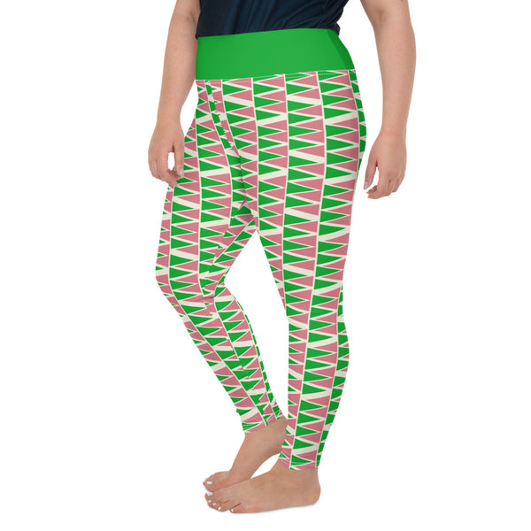 The vintage mid century modern style graphic design printed onto these colorful plus size leggings consists of a geometric triangular pattern in green and pink on a cream background. The bold green high waistband finishes off the look.