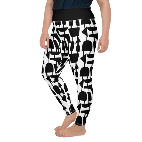 These cheeky, stylish and comfortable, abstract design patterned plus size leggings are entitled Forever Connected and consist of a mid century modern pattern of black abstract geometric shapes connected with vertical threads on a white background