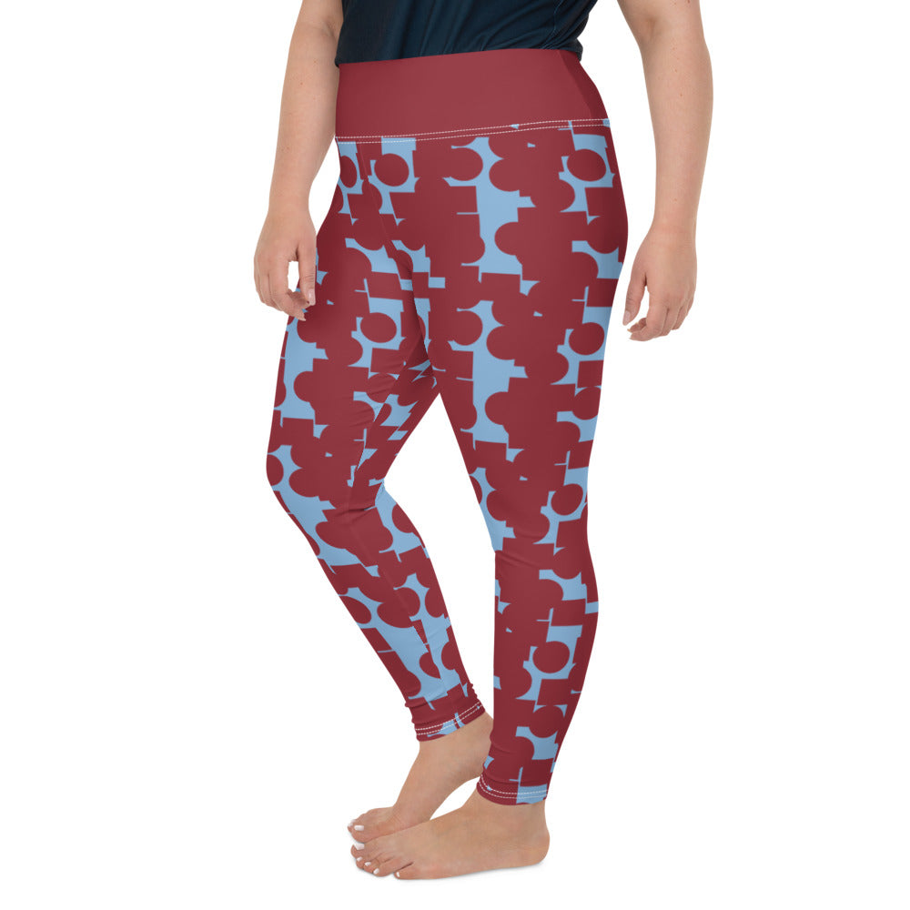 These patterned plus size mid century modern style leggings are from our Crowded Memories collection and consist of a vermilion red abstract geometric pattern against a cerulean blue background. A blue high waistband completes the look