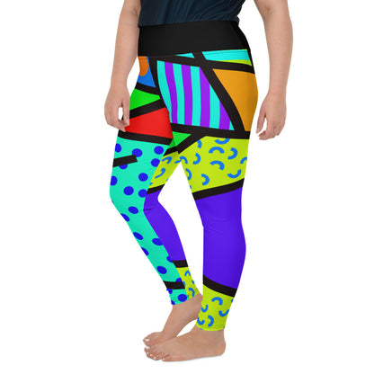 Geometric patterned plus size all-over-print Women's 80s Memphis design leggings or running tights by BillingtonPix, with bold colours and shapes, stripes, circles and swirls and high elastic waistband for comfort and support