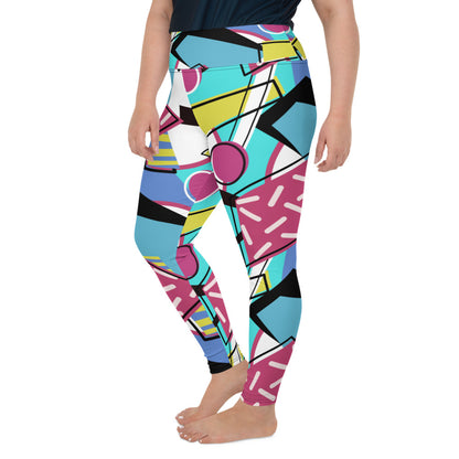 Funky 80s Memphis design women's plus size running tights, gym leggings or fashion leggings in a postmodern 1980s design in pink, taupe, black and yellow all-over pattern by BillingtonPix