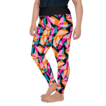 Geometric patterned 90s Memphis design women's plus size gym leggings athleisure streetwear fashion in colorful tones of pink, turquoise green and orange against a black background on this Harajuku design plus size leggings for women by BillingtonPix