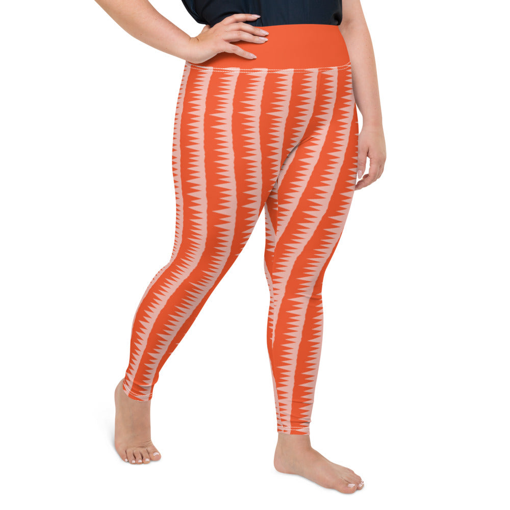 This Mid-Century Modern style plus size leggings pattern consists of colorful pink jagged columns of geometric triangular shapes stacked upon each other like columns against an orange red background