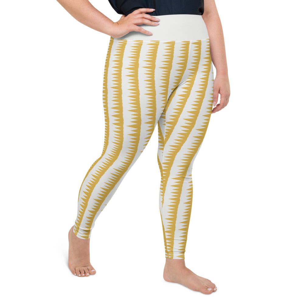 This Mid-Century Modern style plus size leggings pattern consists of colorful mustard yellow jagged columns of geometric triangular shapes stacked upon each other like columns against a pale cream background