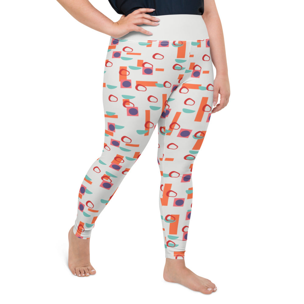 The vintage mid century modern style graphic design printed onto thes plus size leggings consists of colourful geometric blocks in orange, turquoise, red and purple against a soft stone coloured background