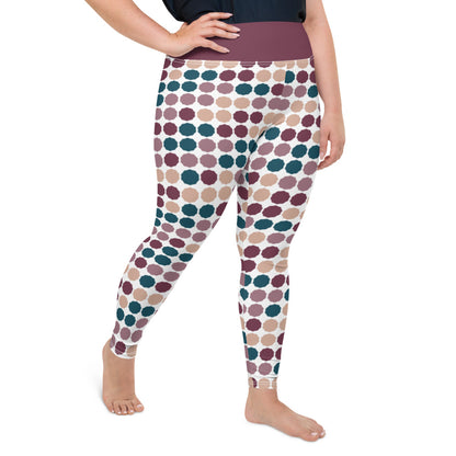 These cheeky, stylish and comfortable, abstract design mid century modern patterned plus size leggings are entitled White Dot Matrix and consist of a colorful, abstract polka dots against a white background. A burgundy coloured high waistband completes the look.