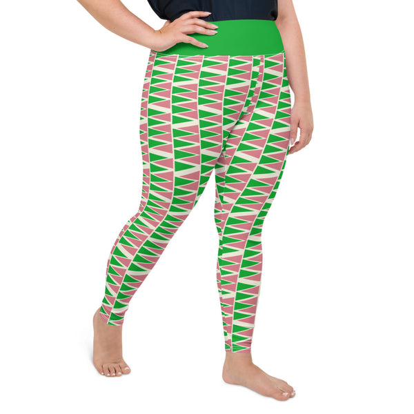 The vintage mid century modern style graphic design printed onto these colorful plus size leggings consists of a geometric triangular pattern in green and pink on a cream background. The bold green high waistband finishes off the look.