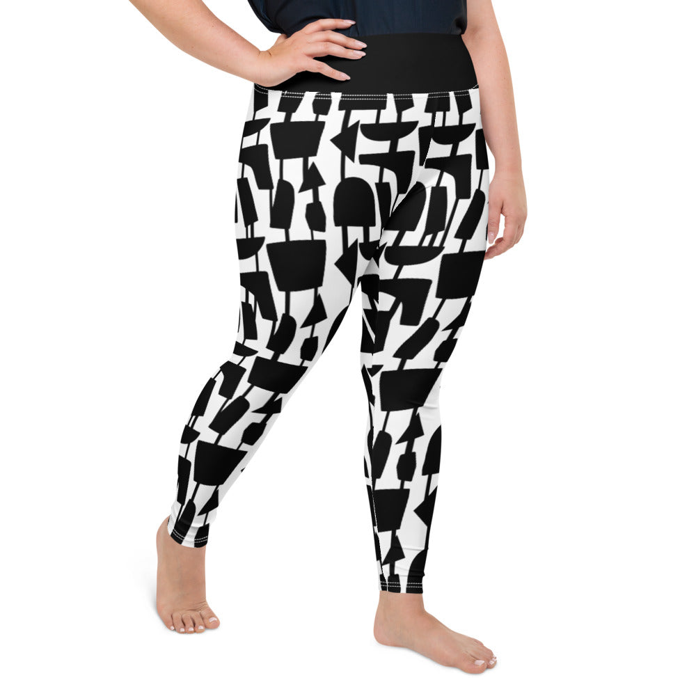 These cheeky, stylish and comfortable, abstract design patterned plus size leggings are entitled Forever Connected and consist of a mid century modern pattern of black abstract geometric shapes connected with vertical threads on a white background