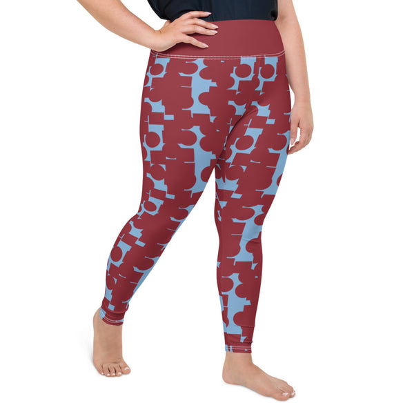 These patterned plus size mid century modern style leggings are from our Crowded Memories collection and consist of a vermilion red abstract geometric pattern against a cerulean blue background. A blue high waistband completes the look