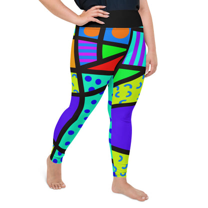 Geometric patterned plus size all-over-print Women's 80s Memphis design leggings or running tights by BillingtonPix, with bold colours and shapes, stripes, circles and swirls and high elastic waistband for comfort and support