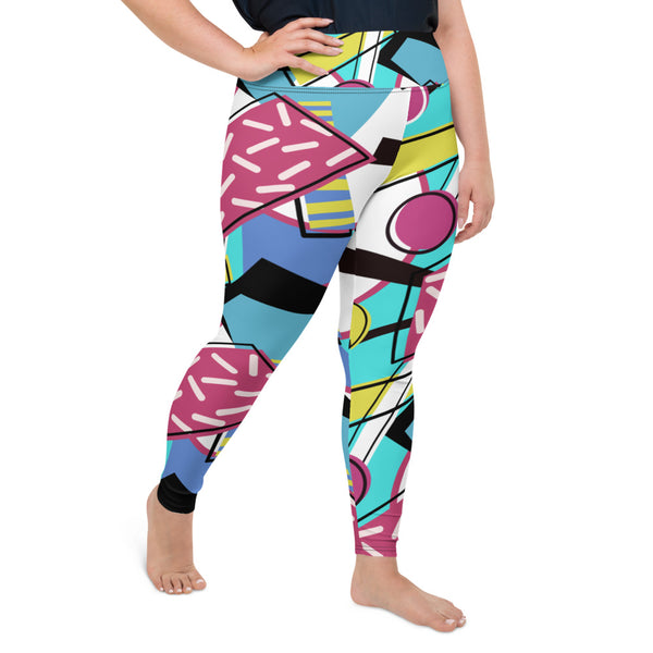 Funky 80s Memphis design women's plus size running tights, gym leggings or fashion leggings in a postmodern 1980s design in pink, taupe, black and yellow all-over pattern by BillingtonPix