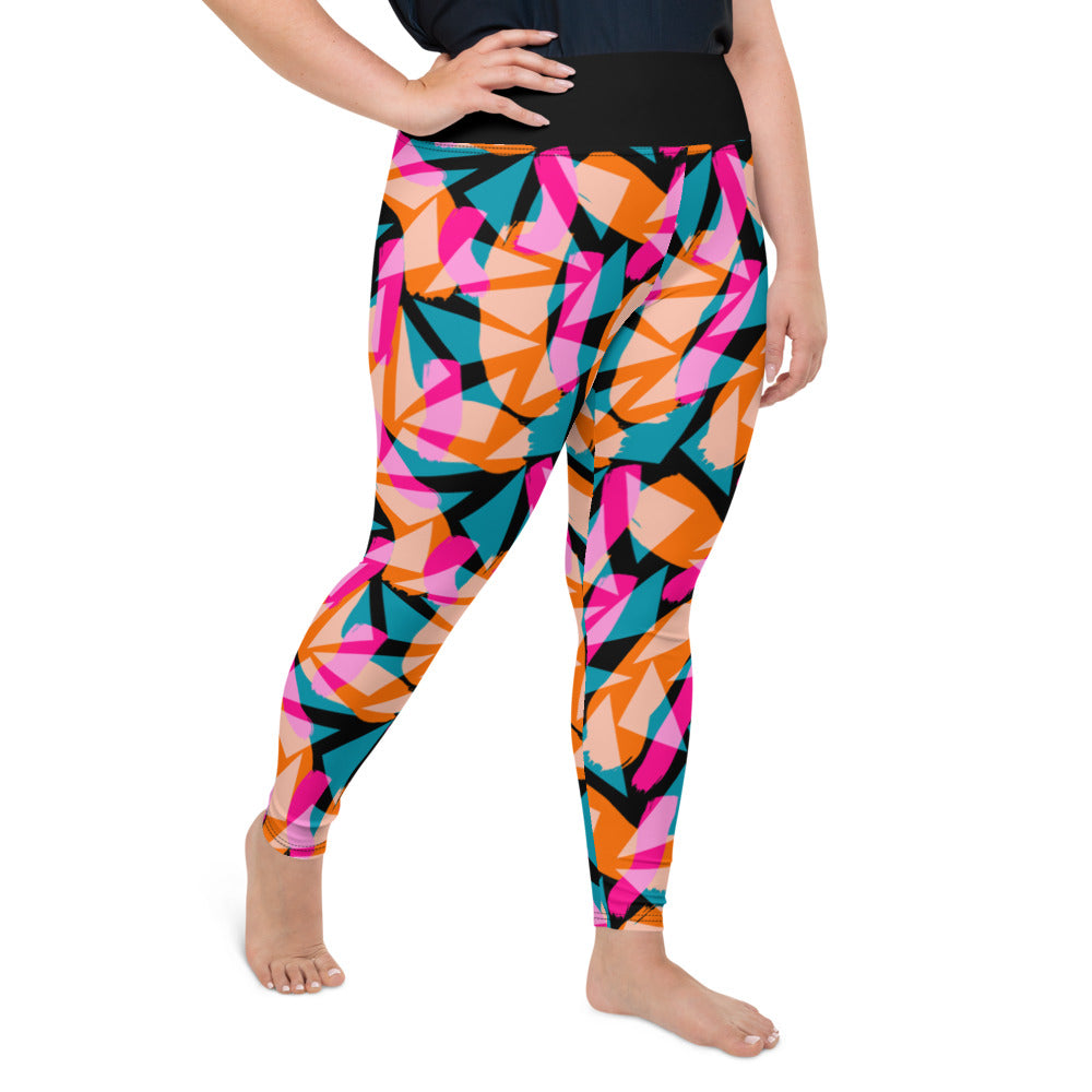 Geometric patterned 90s Memphis design women's plus size gym leggings athleisure streetwear fashion in colorful tones of pink, turquoise green and orange against a black background on this Harajuku design plus size leggings for women by BillingtonPix