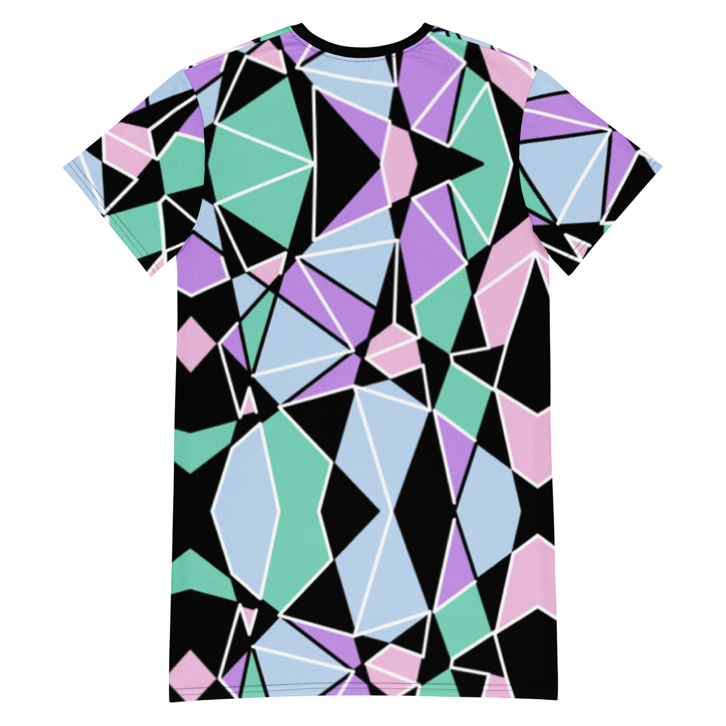 Pastel Goth Harajuku fashion t-shirt dress for men or women with geometric pastel tones of purple, pink, blue and green with black and a white overlay by BillingtonPix