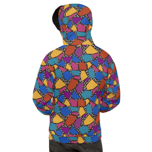 90s retro style geometric pattern in tones of mustard orange, purple, teal and blue on this cotton hoodie by BillingtonPix