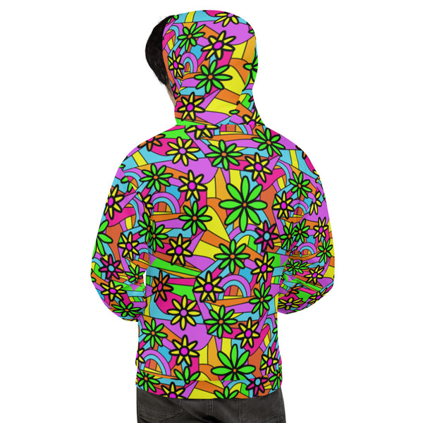 Vivid multicoloured patterned unisex hoodie with a floral and geometric 60s flower power style all-over design