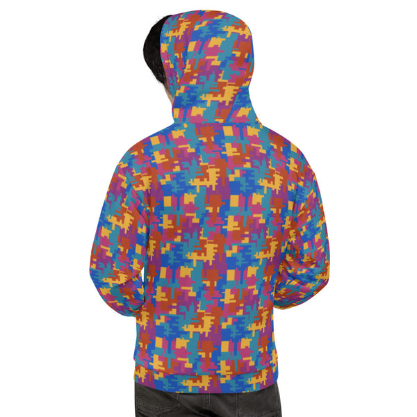 Geometric interlinking retro 90s style pattern in tones of orange, scarlet, teal and blue on this cotton polyester blend hoodie by BillingtonPix
