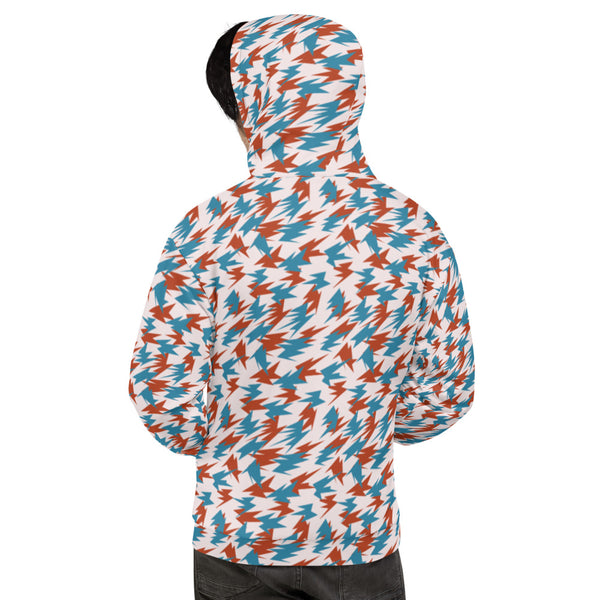 Orange and teal turquoise blue geometric bird-like shapes on a cream background in this 90s retro style unisex hoodie by BillingtonPix